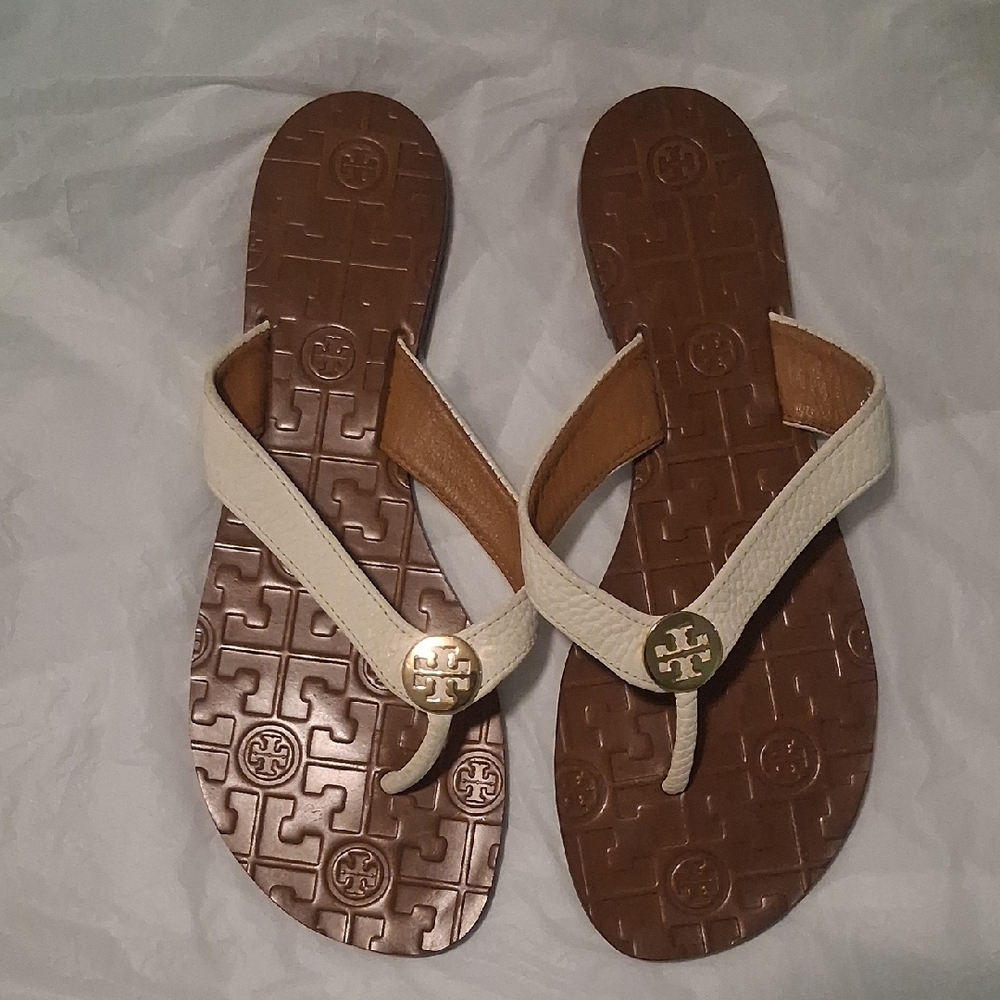 Tory Burch Cream Leather Logo Thong Sandals with Brown Footbed